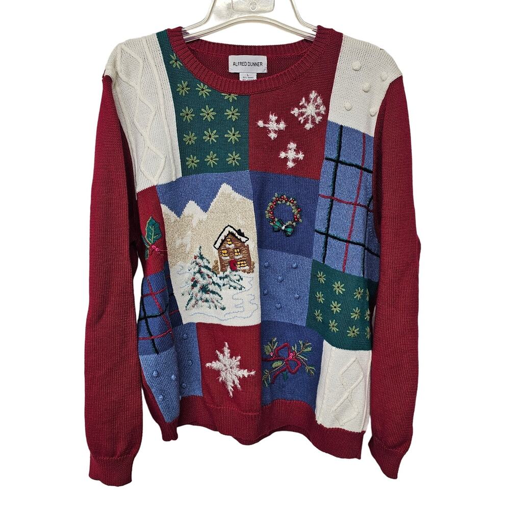 Alfred Dunner Ugly Christmas Knit Sweater Womens Large Red Multi Winter Holiday
